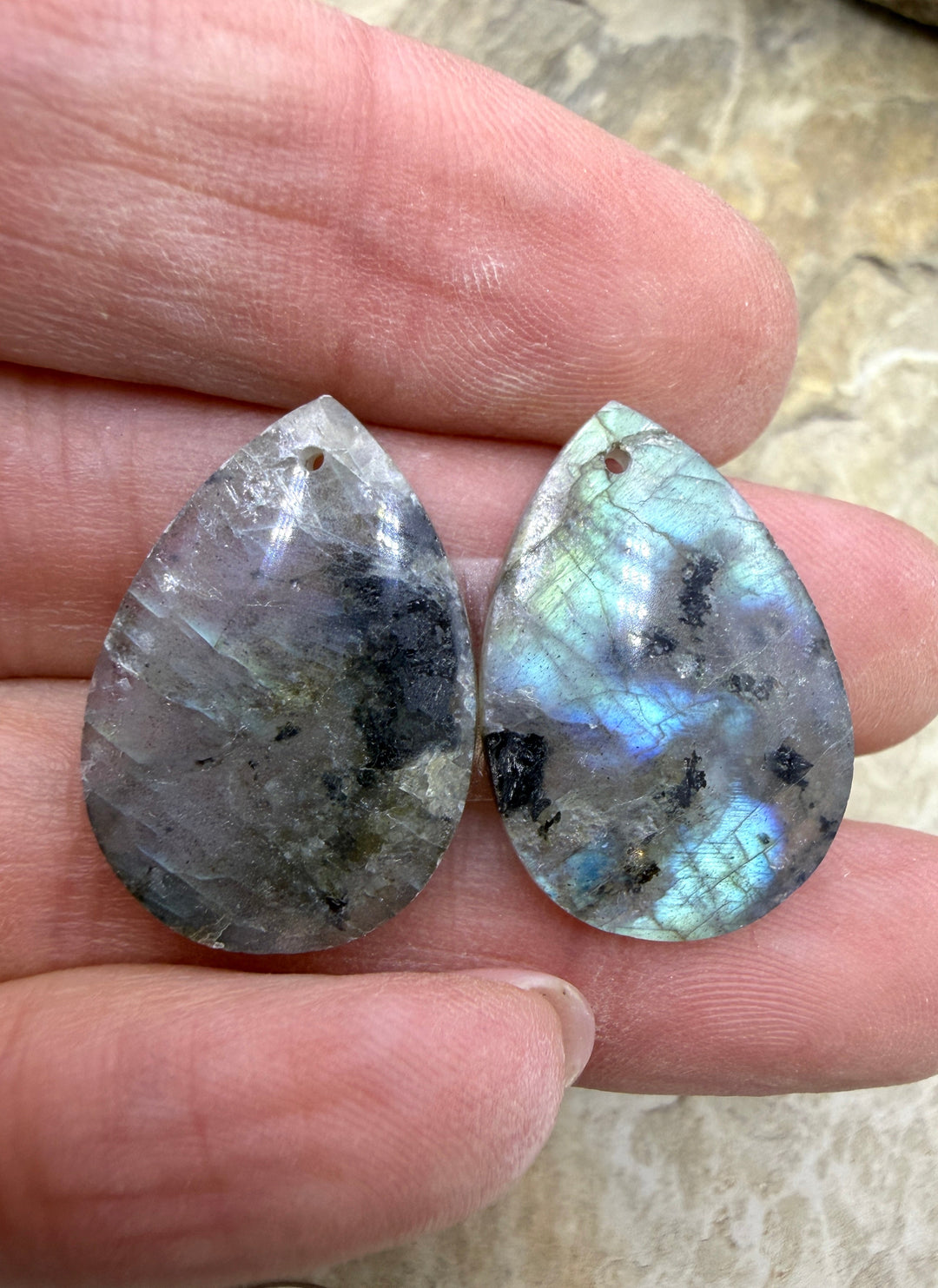 Flashy Labradorite Matching Earring Slab Bead Pair 12x25mm