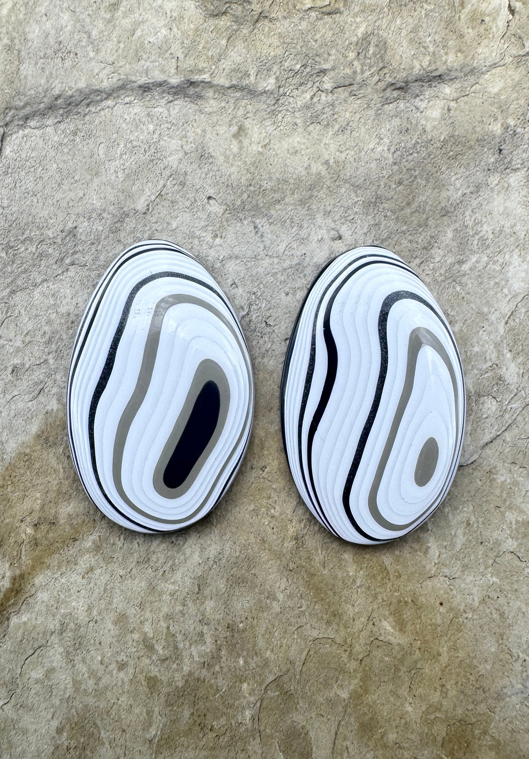 Fordite/ Detroit Agate Black Silver and White Cabochon Pair