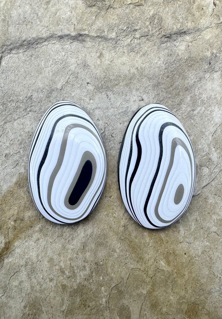 Fordite/ Detroit Agate Black Silver and White Cabochon Pair