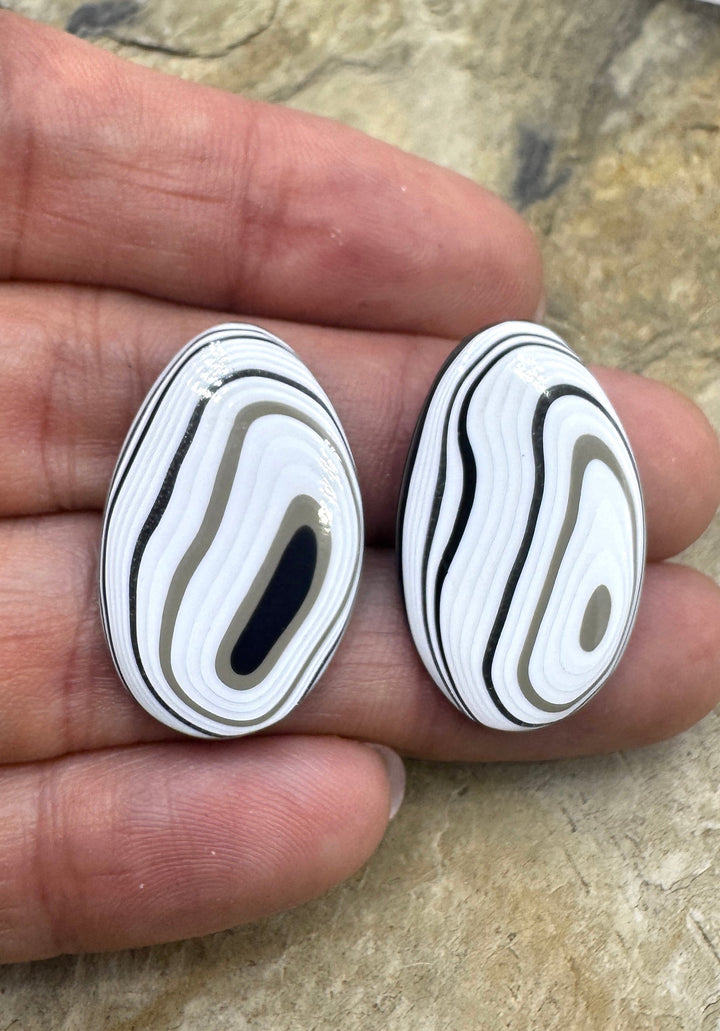 Fordite/ Detroit Agate Black Silver and White Cabochon Pair