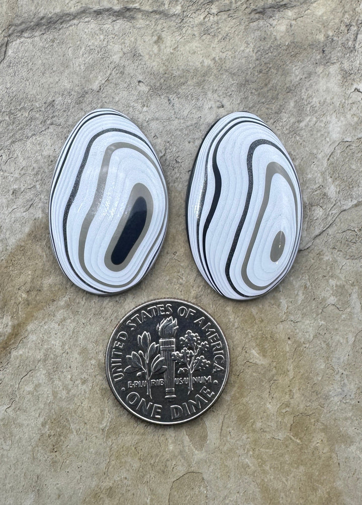 Fordite/ Detroit Agate Black Silver and White Cabochon Pair