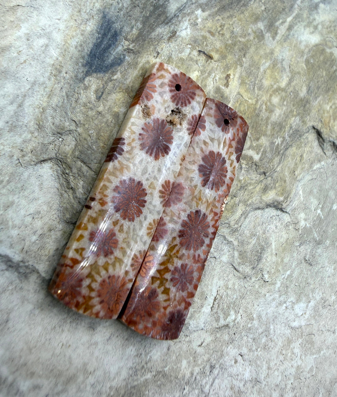 Fossil Coral BIG Matching Earring Slab Bead Pair 10x35mm