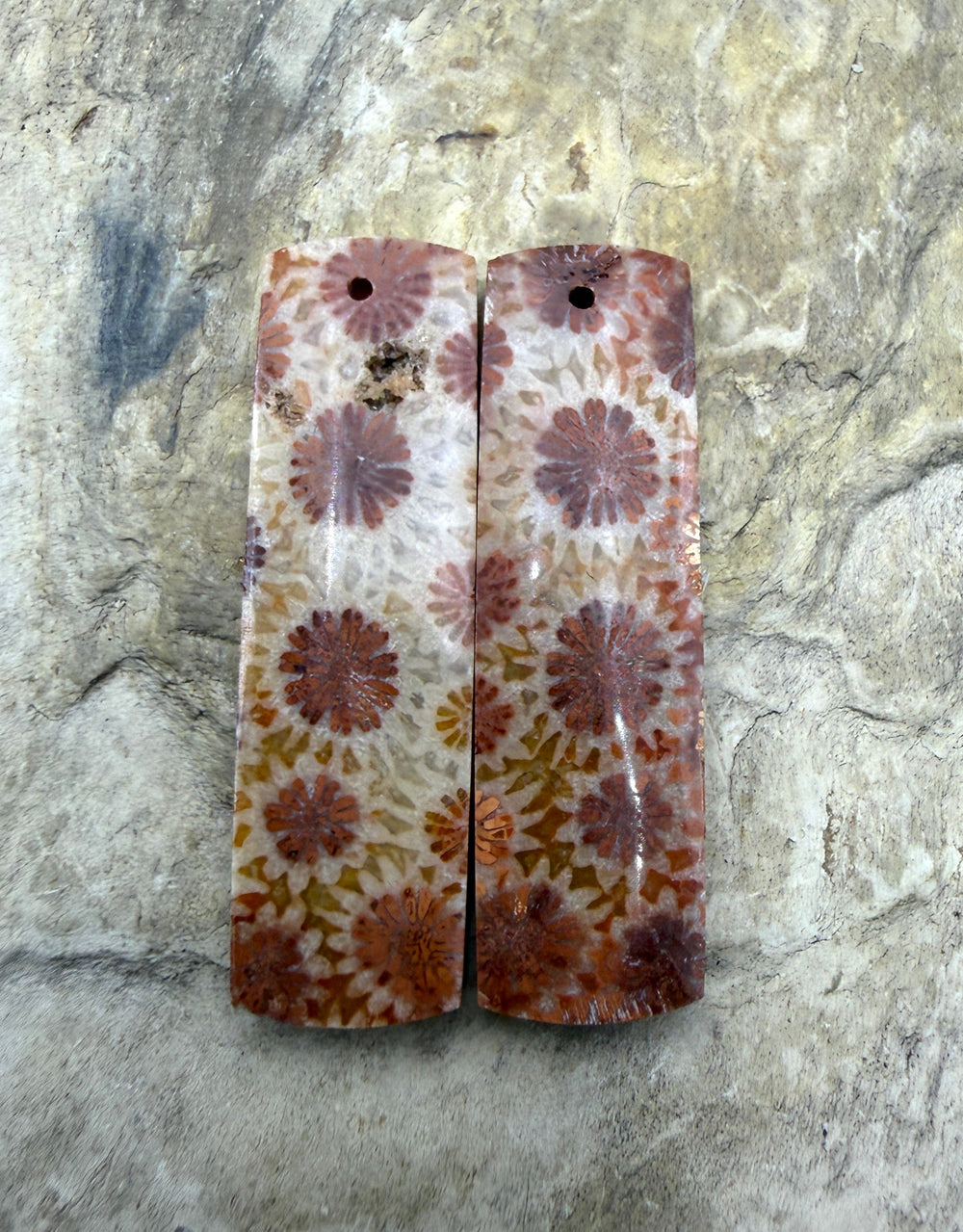 Fossil Coral BIG Matching Earring Slab Bead Pair 10x35mm