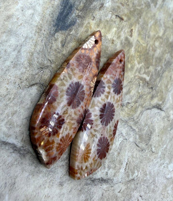 Fossil Coral BIG Matching Earring Slab Bead Pair 11x33mm