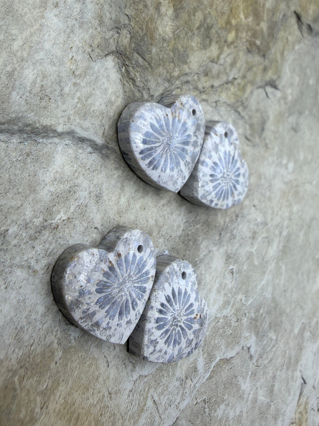 Fossil Coral Heart Shapped Matching Bead Slab Pair 15mm