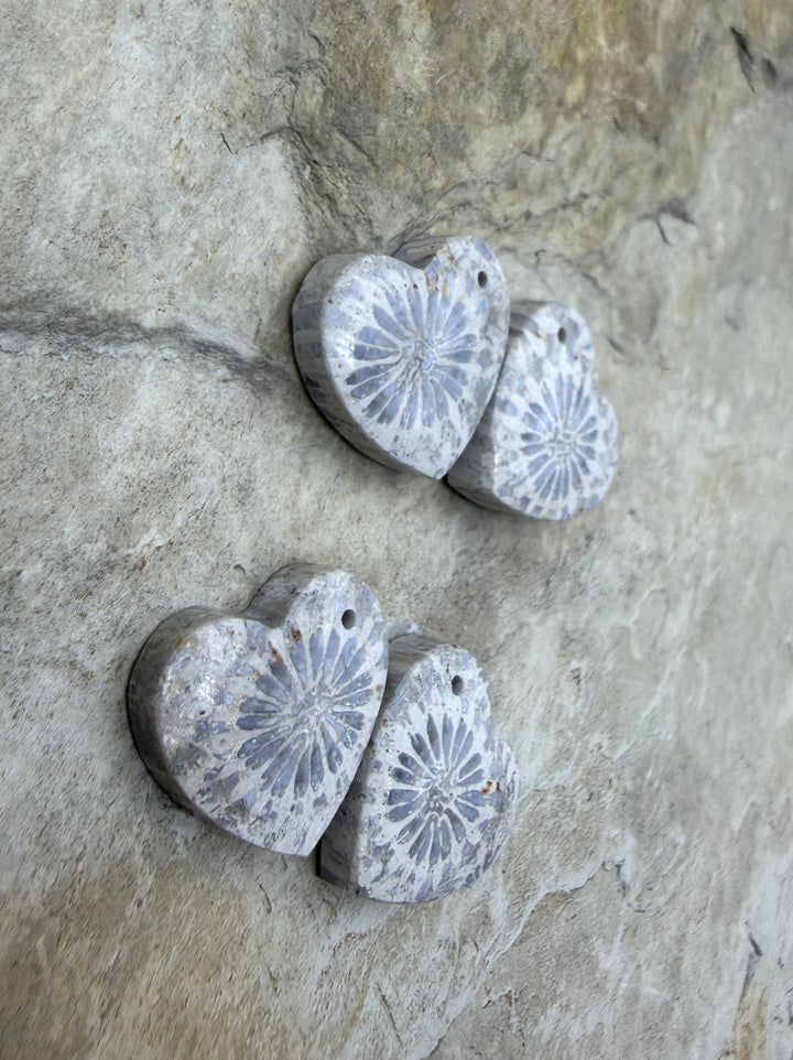 Fossil Coral Heart Shapped Matching Bead Slab Pair 15mm
