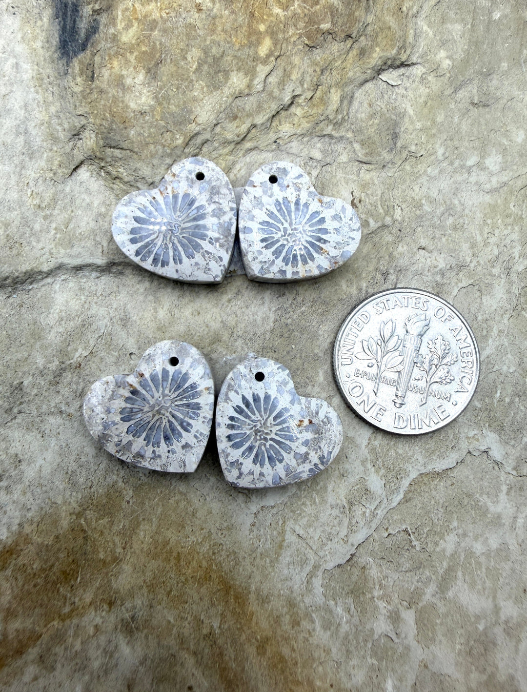 Fossil Coral Heart Shapped Matching Bead Slab Pair 15mm