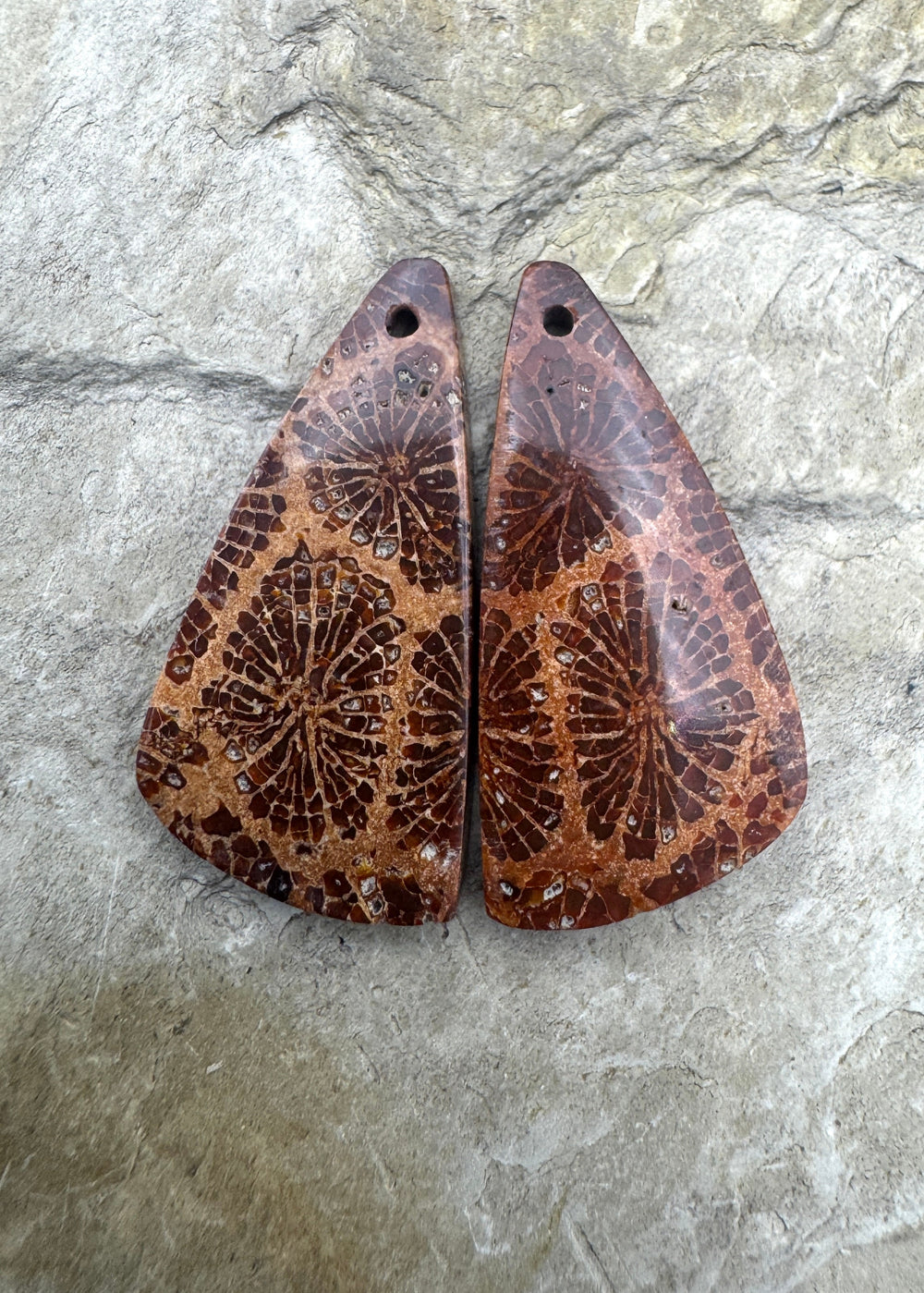 Fossil Coral Matching Earring Slab Bead Pair 14x29mm