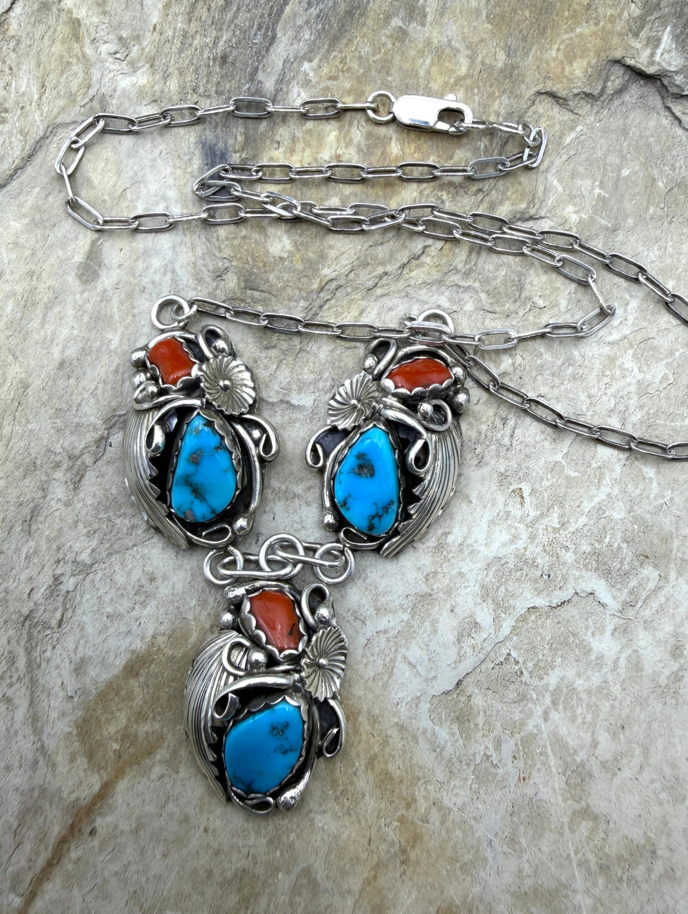 FRIDAY ESTATE FIND Sterling Silver Native American Made Necklace, Sleeping Beauty and Natural Coral
