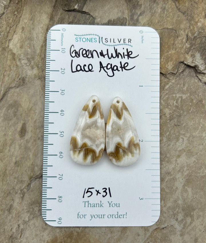 Green and White Lace Agate Earring Bead Slab Pair 15x31mm