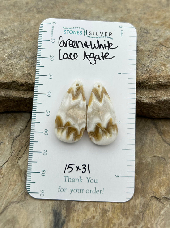 Green and White Lace Agate Earring Bead Slab Pair 15x31mm