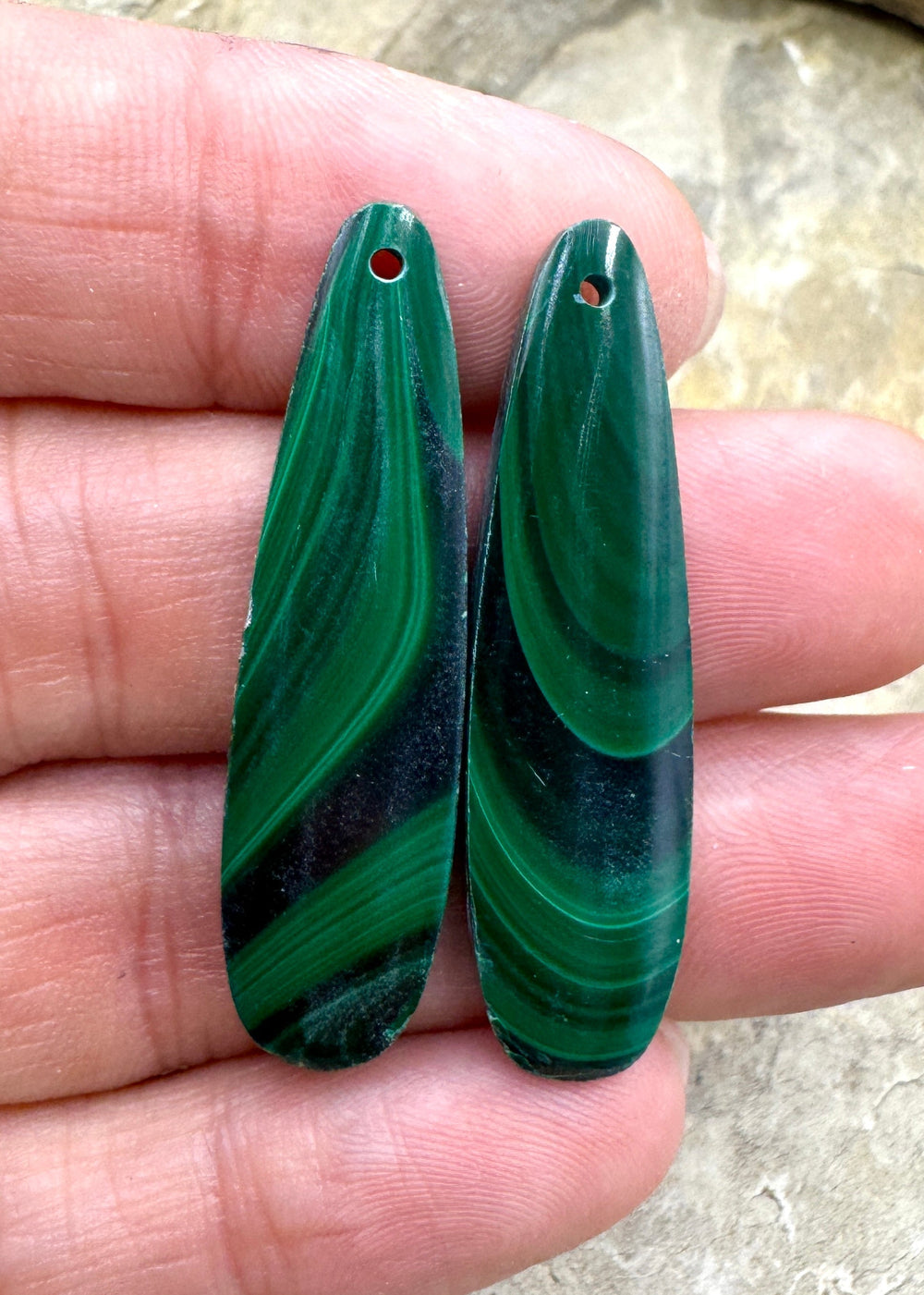 High Pattern Malachite LONG Matching Earring Slab Bead Pair