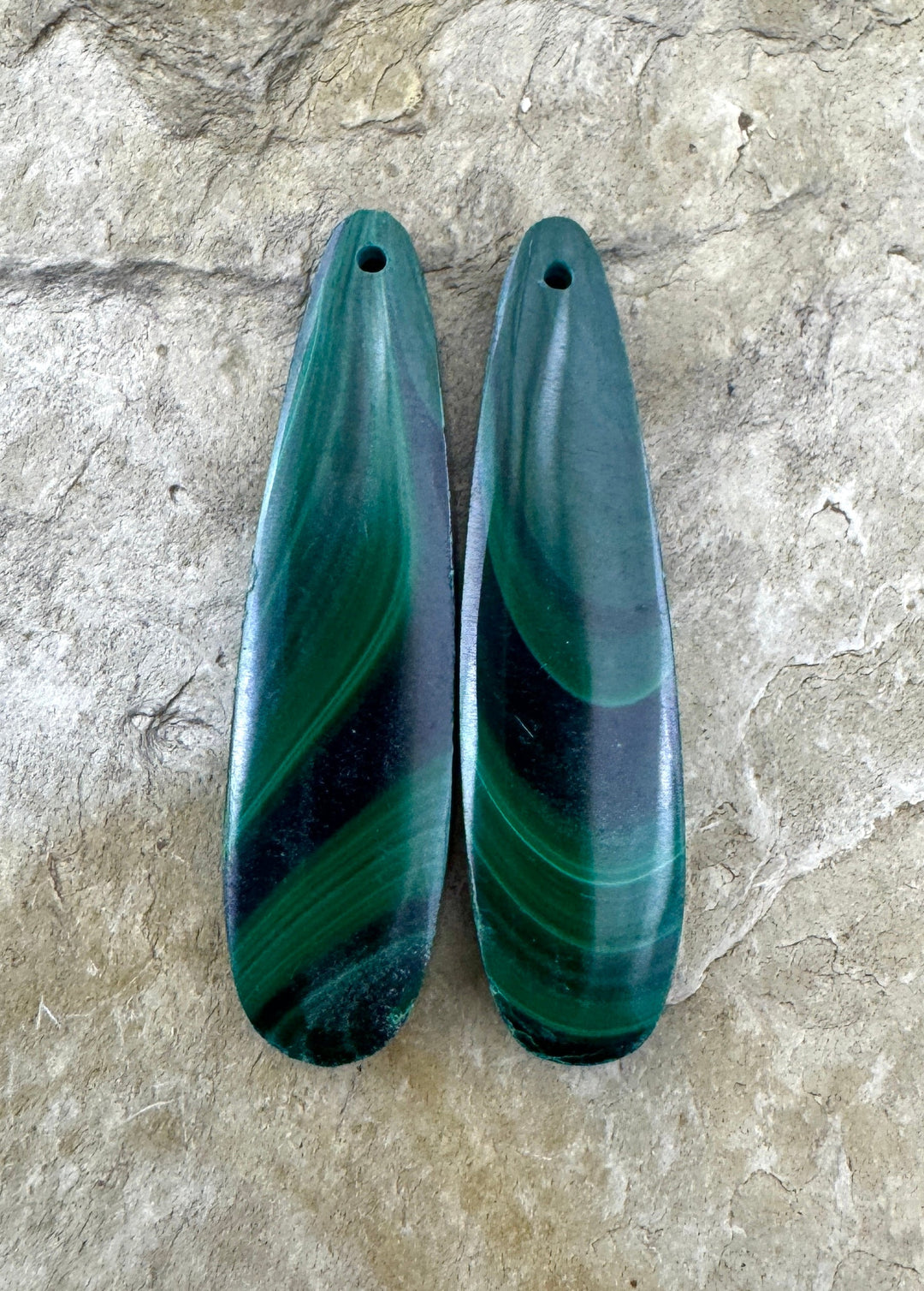 High Pattern Malachite LONG Matching Earring Slab Bead Pair
