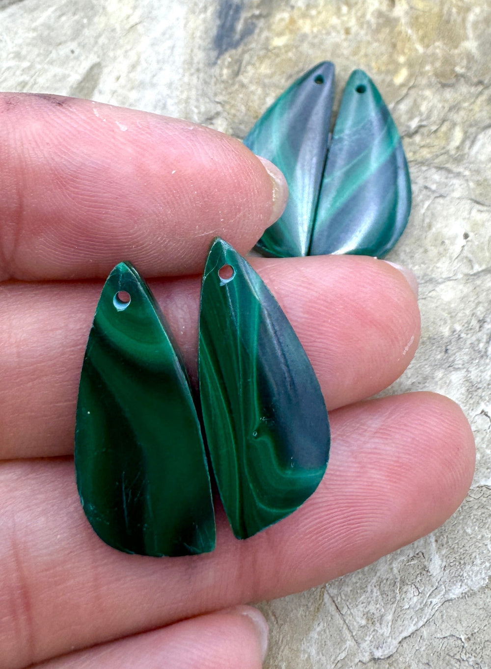 High Pattern Malachite Matching Earring Slab Bead Pair