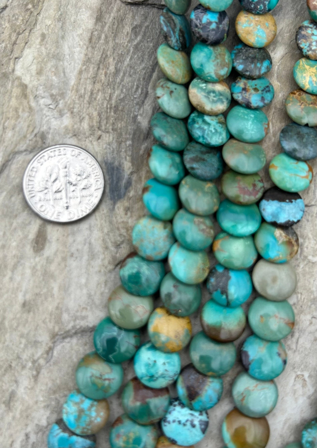 Hubei Turquoise Flat Disc Beads 10mm 16 Inch Strand