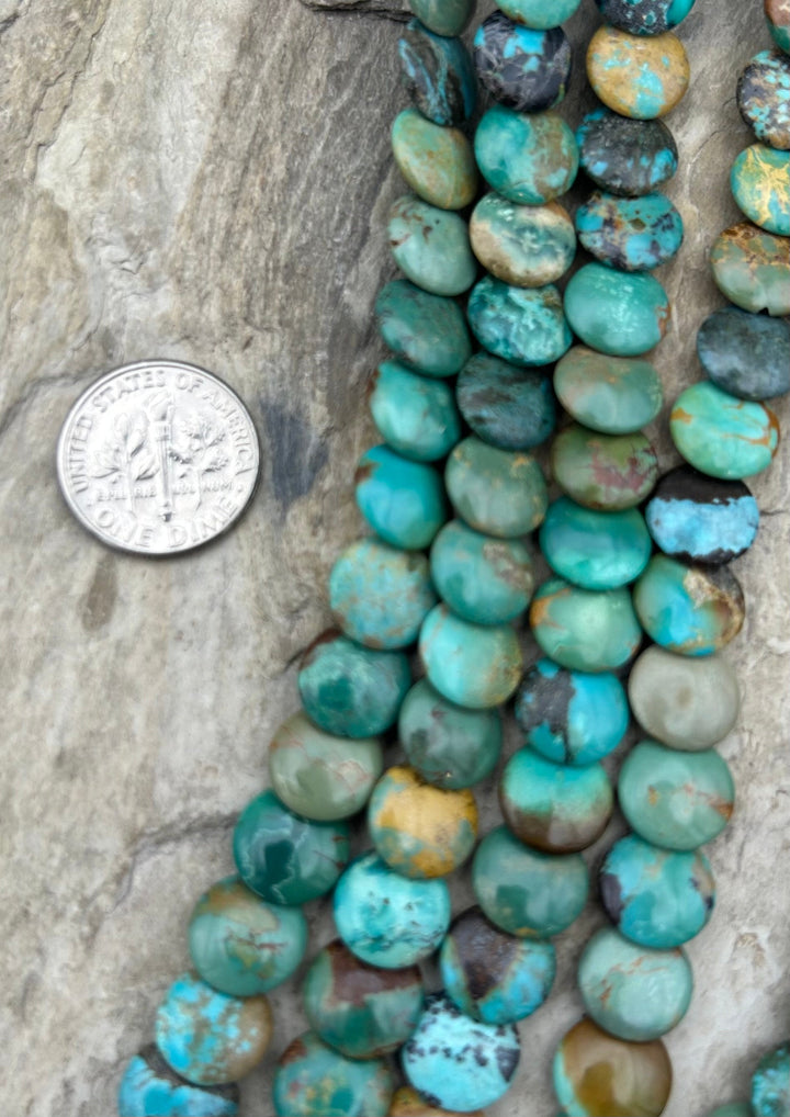 Hubei Turquoise Flat Disc Beads 10mm 16 Inch Strand