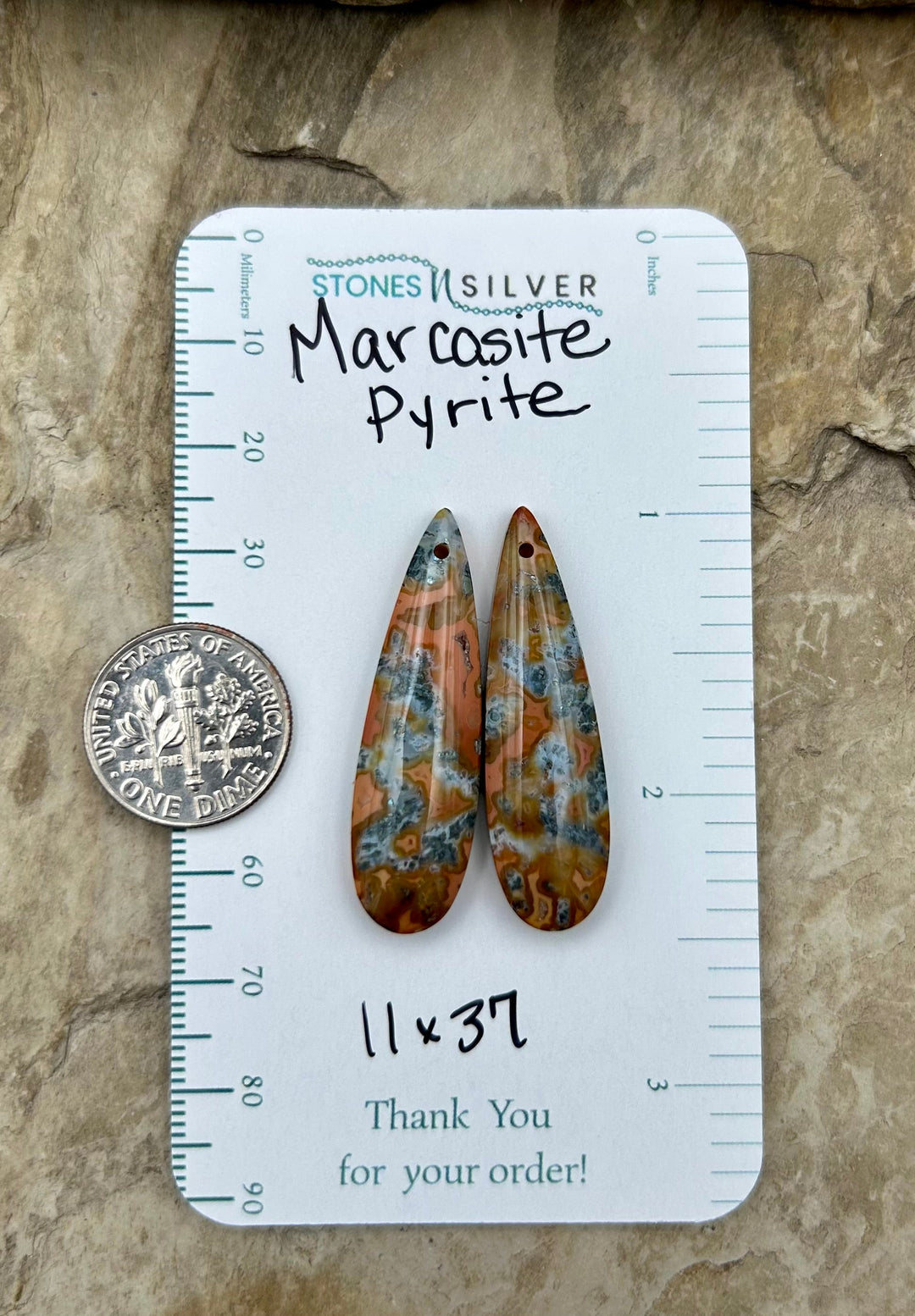Marcasite Pyrite Matching Earring Slab Bead Pair 11x37mm