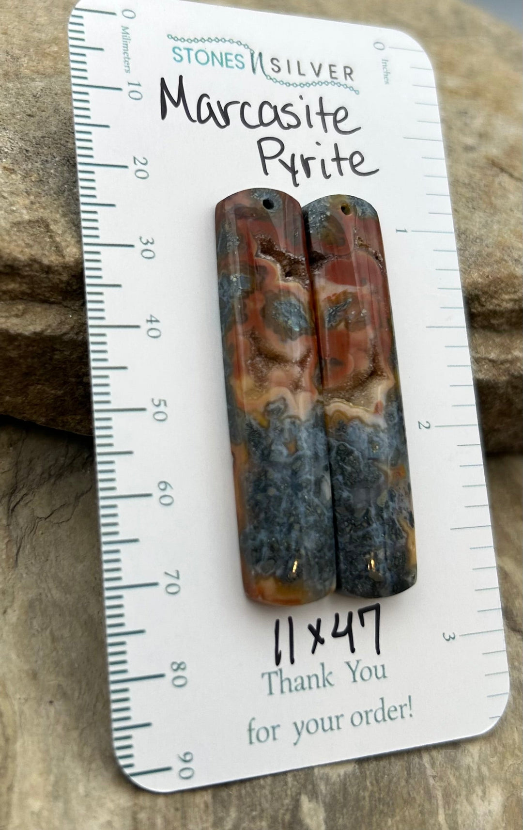 Marcasite Pyrite Matching Earring Slab Bead Pair 11x47mm