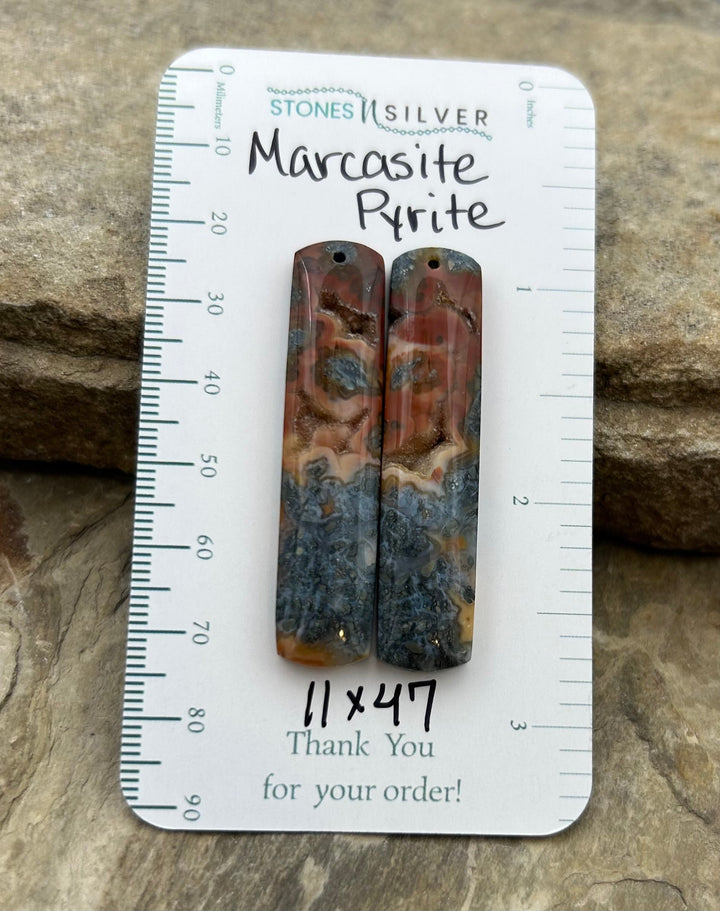 Marcasite Pyrite Matching Earring Slab Bead Pair 11x47mm