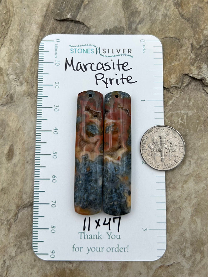 Marcasite Pyrite Matching Earring Slab Bead Pair 11x47mm