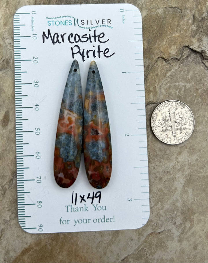 Marcasite Pyrite Matching Earring Slab Bead Pair 11x49mm
