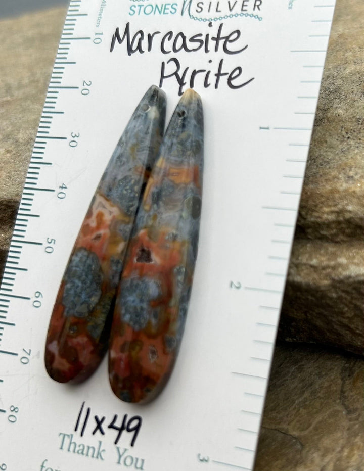 Marcasite Pyrite Matching Earring Slab Bead Pair 11x49mm
