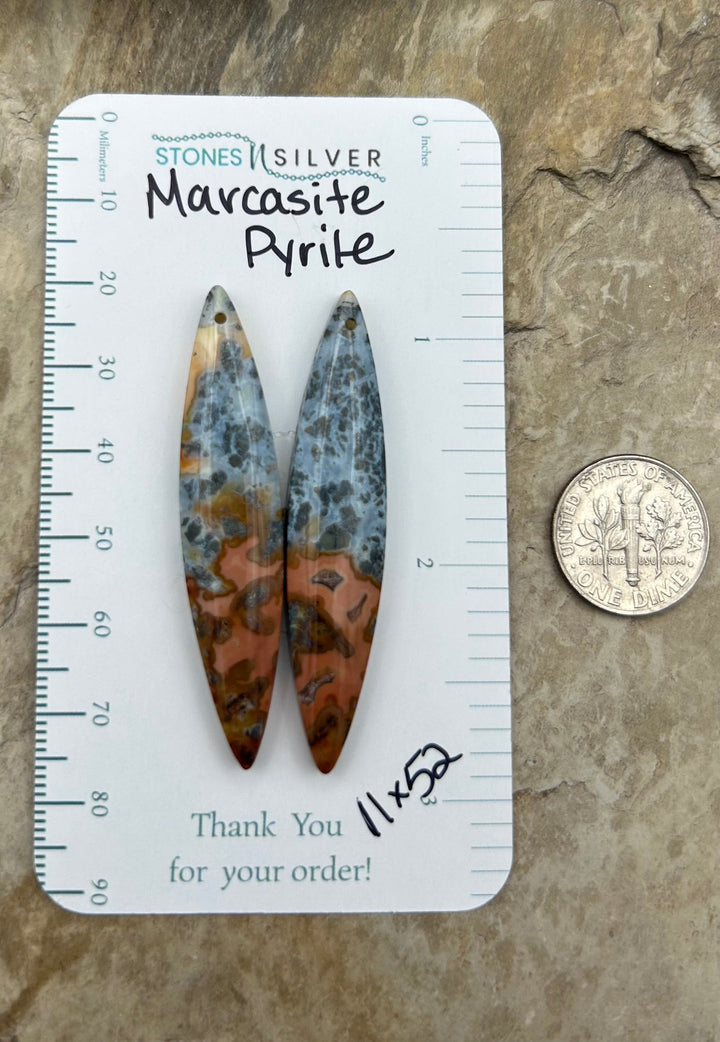 Marcasite Pyrite Matching Earring Slab Bead Pair 11x52mm
