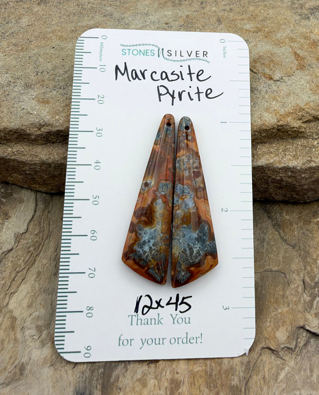 Marcasite Pyrite Matching Earring Slab Bead Pair 12x45mm