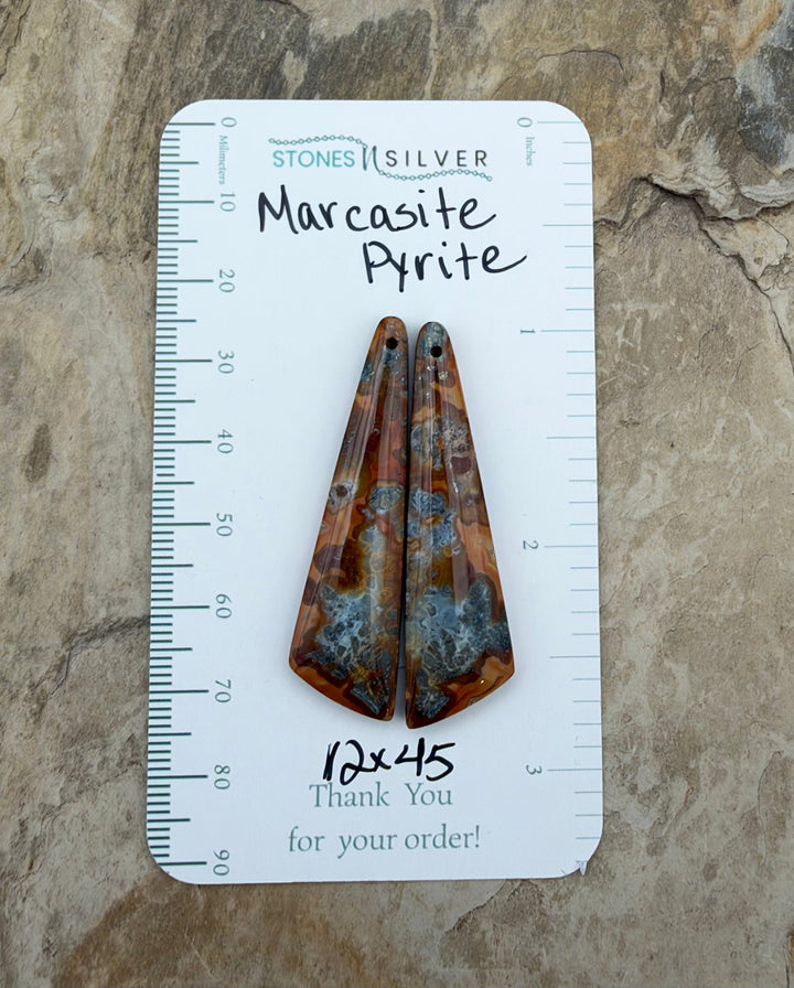 Marcasite Pyrite Matching Earring Slab Bead Pair 12x45mm