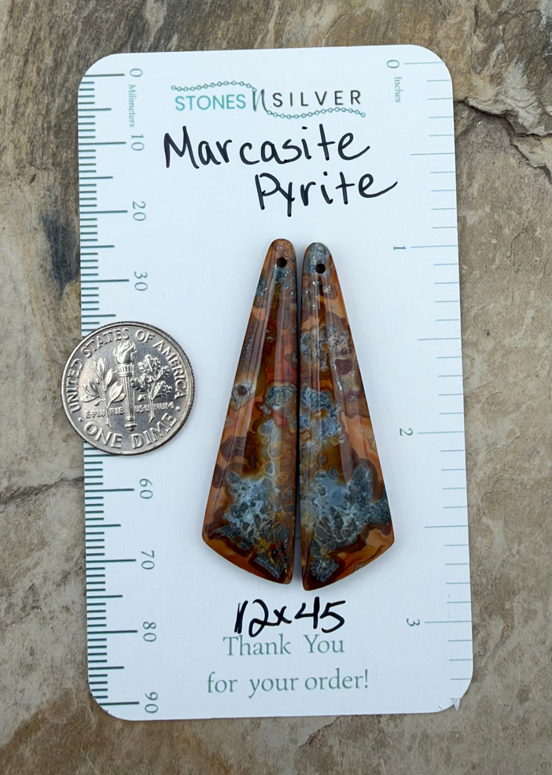 Marcasite Pyrite Matching Earring Slab Bead Pair 12x45mm