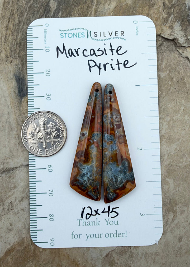 Marcasite Pyrite Matching Earring Slab Bead Pair 12x45mm