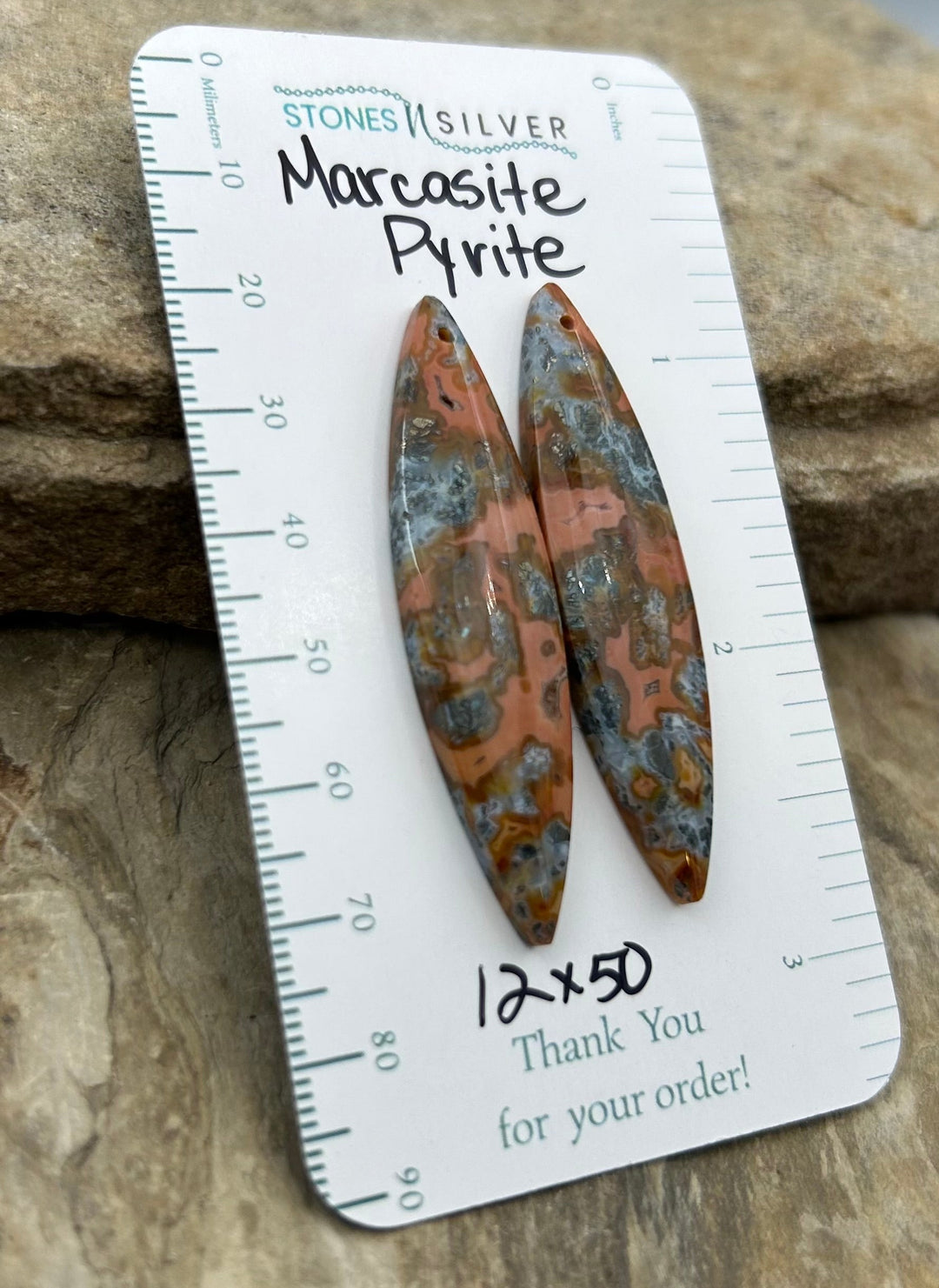 Marcasite Pyrite Matching Earring Slab Bead Pair 12x50mm