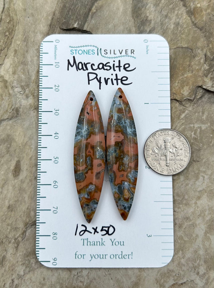 Marcasite Pyrite Matching Earring Slab Bead Pair 12x50mm