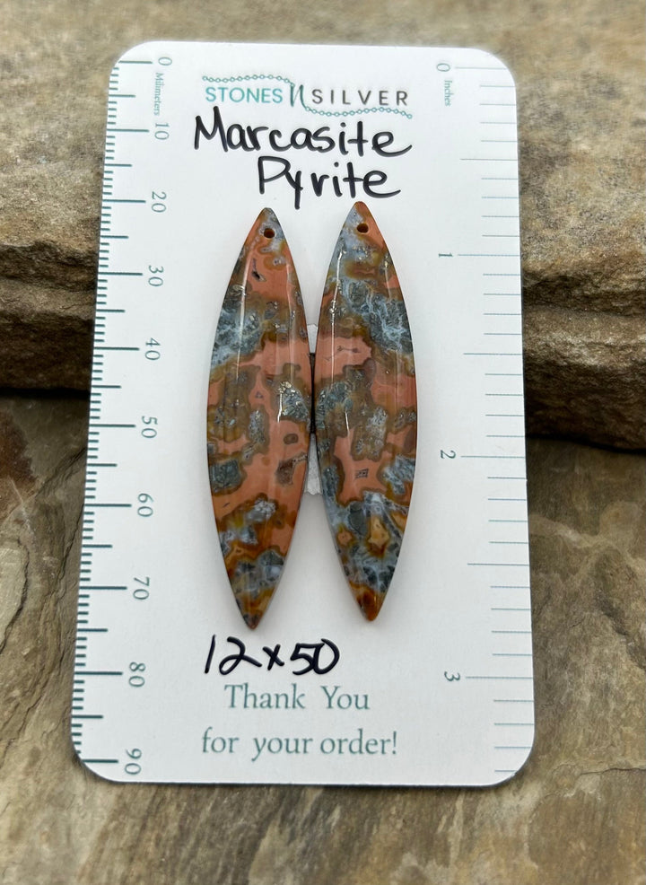 Marcasite Pyrite Matching Earring Slab Bead Pair 12x50mm