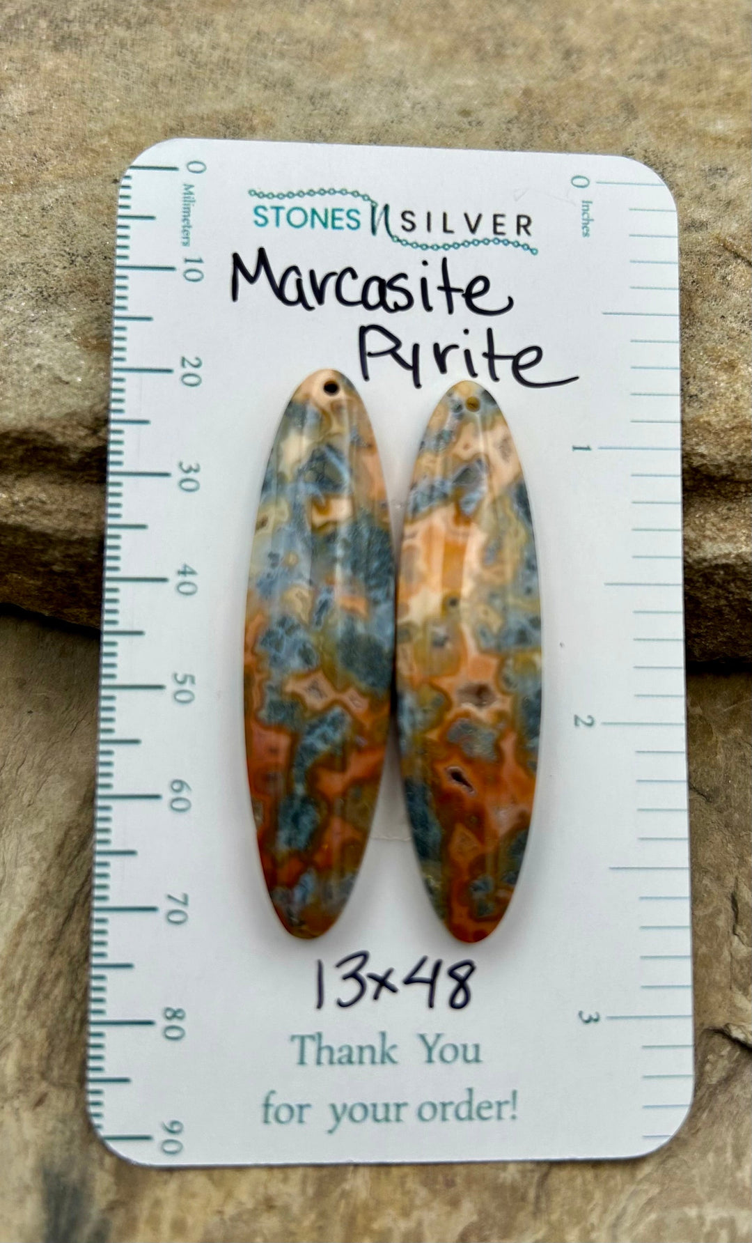 Marcasite Pyrite Matching Earring Slab Bead Pair 13x48mm