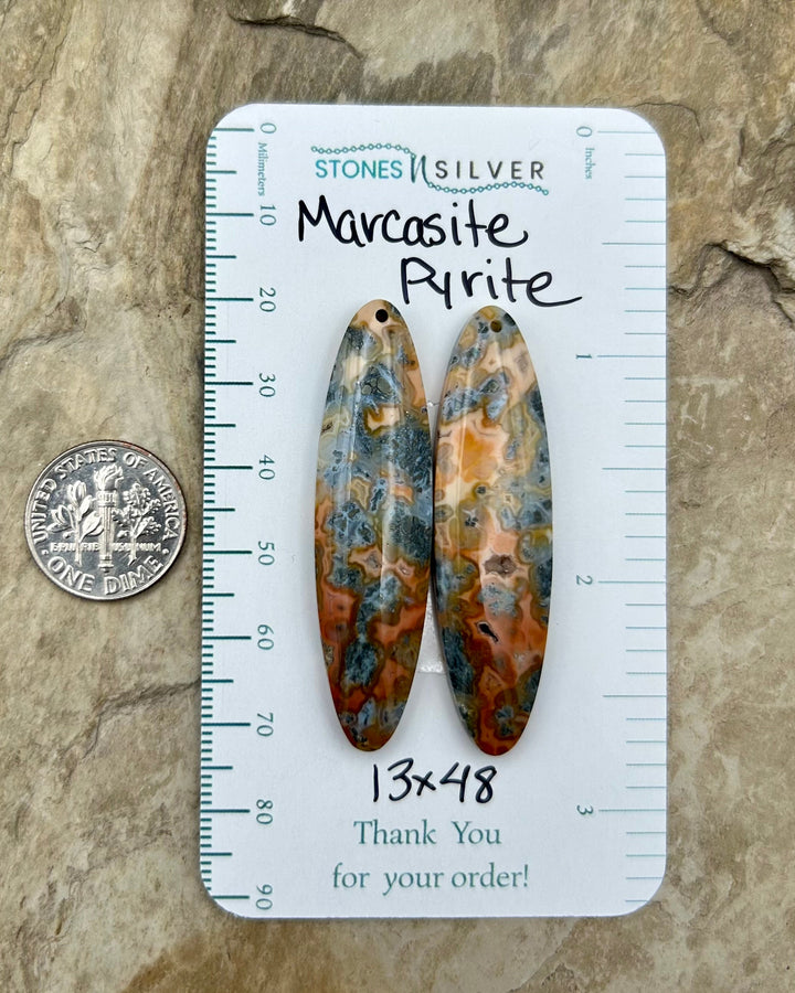 Marcasite Pyrite Matching Earring Slab Bead Pair 13x48mm
