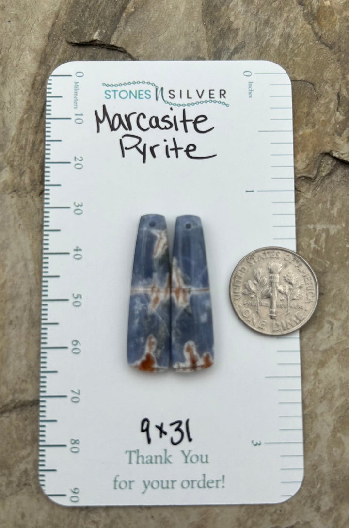 Marcasite Pyrite Matching Earring Slab Bead Pair 9x31mm