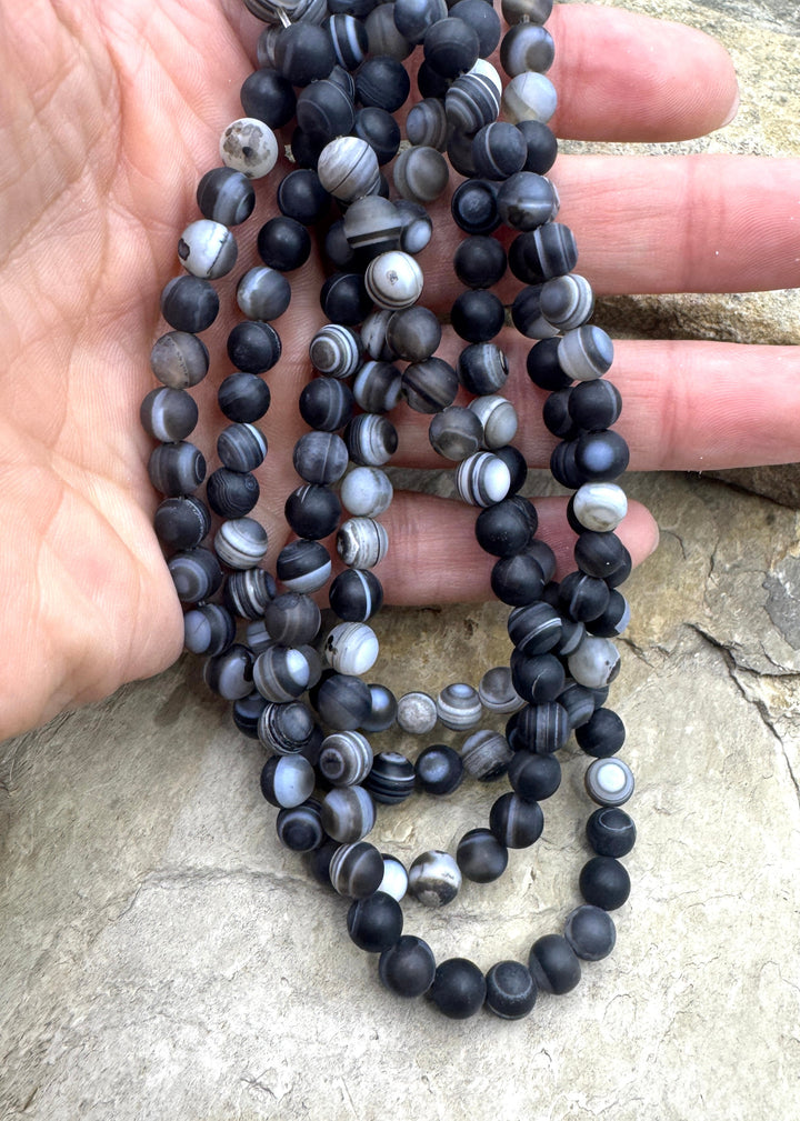 Matte Black and White Banded Agate 6mm Round Beads 16 inch
