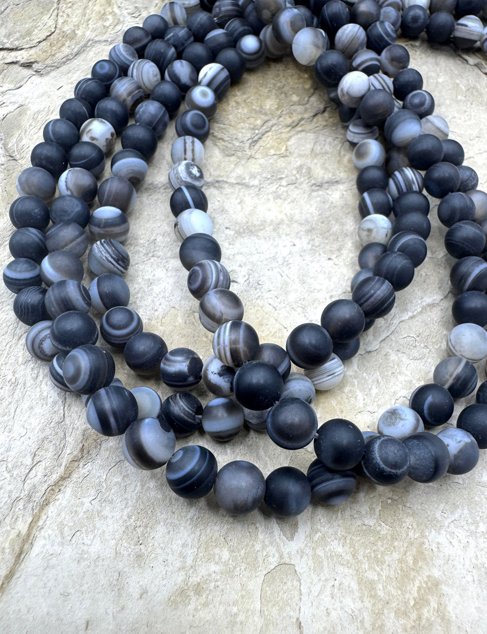 Matte Black and White Banded Agate 6mm Round Beads 16 inch