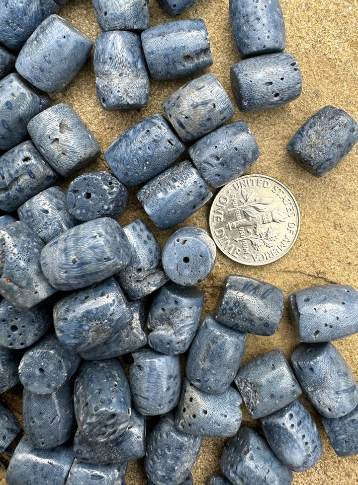 Natural Blue Sponge Coral 10x13mm Barrel Shaped Beads
