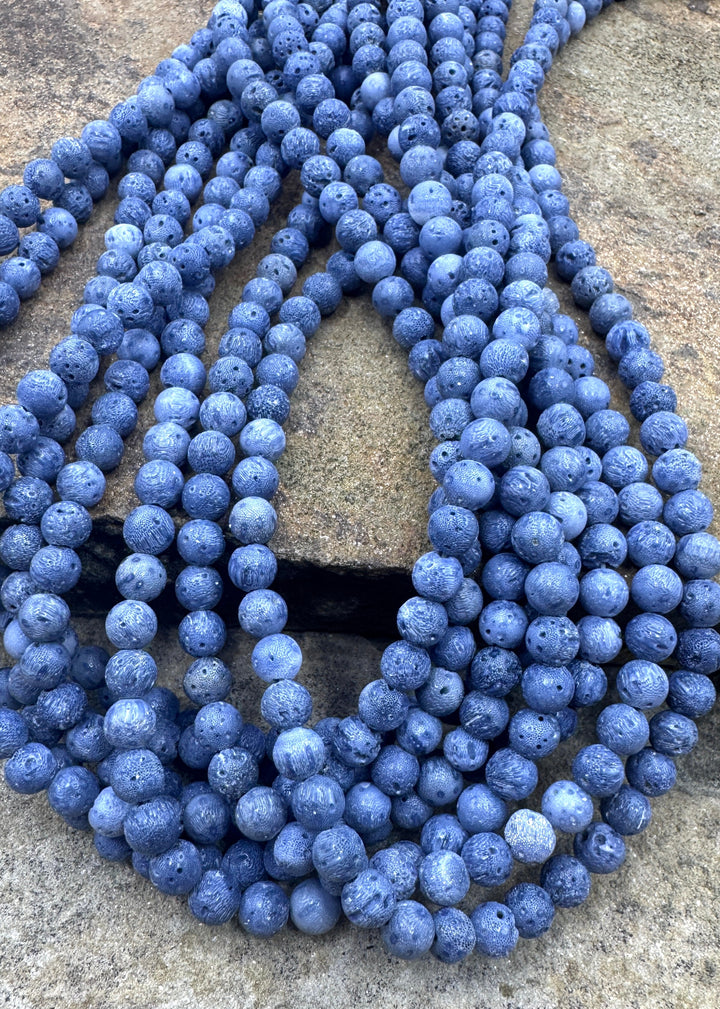 Natural Blue Sponge Coral 6mm Round Beads 16 inch Strand
