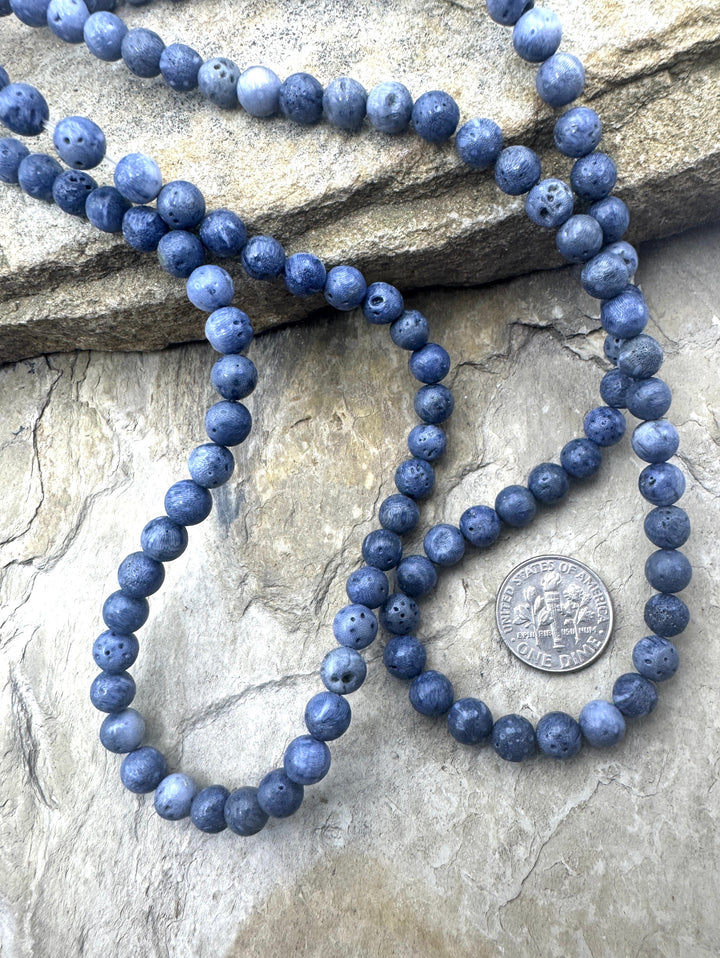 Natural Blue Sponge Coral 6mm Round Beads 16 inch Strand