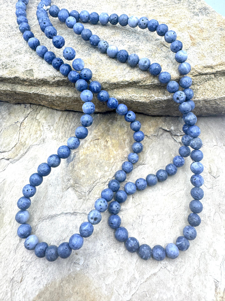 Natural Blue Sponge Coral 6mm Round Beads 16 inch Strand