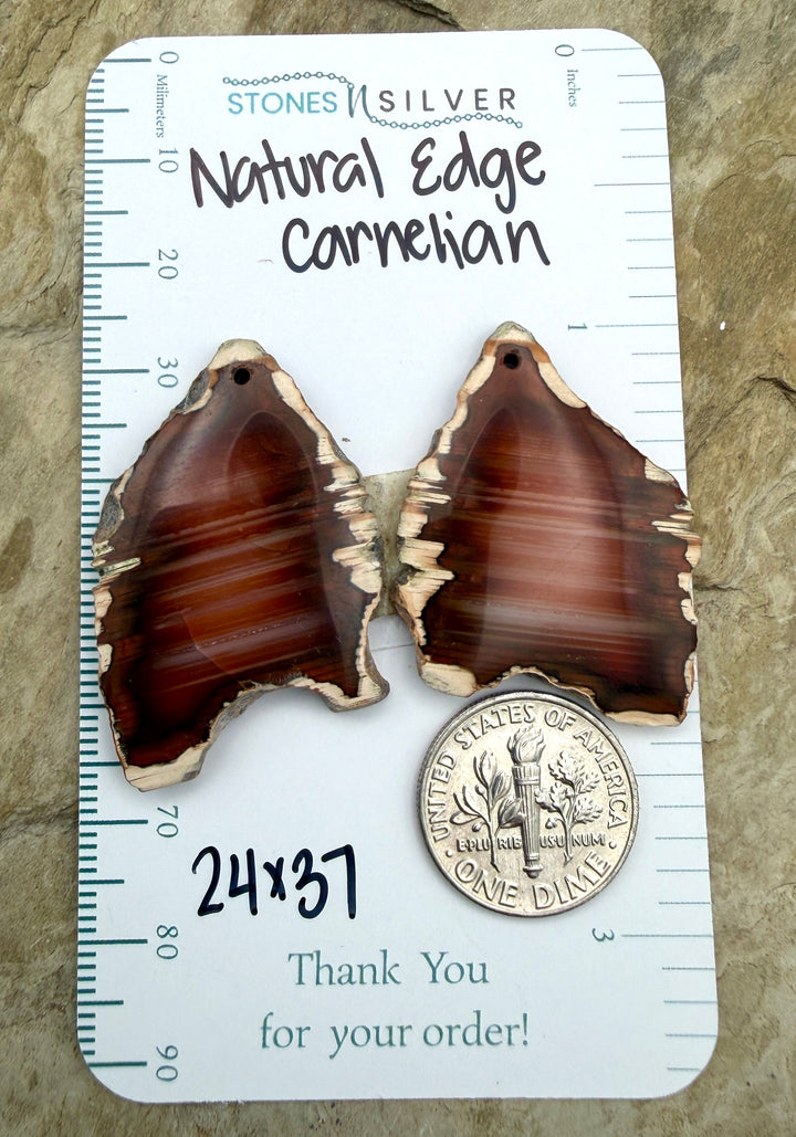 Natural Edge Carnelian Agate Earring Slab Bead Pair 24x37mm