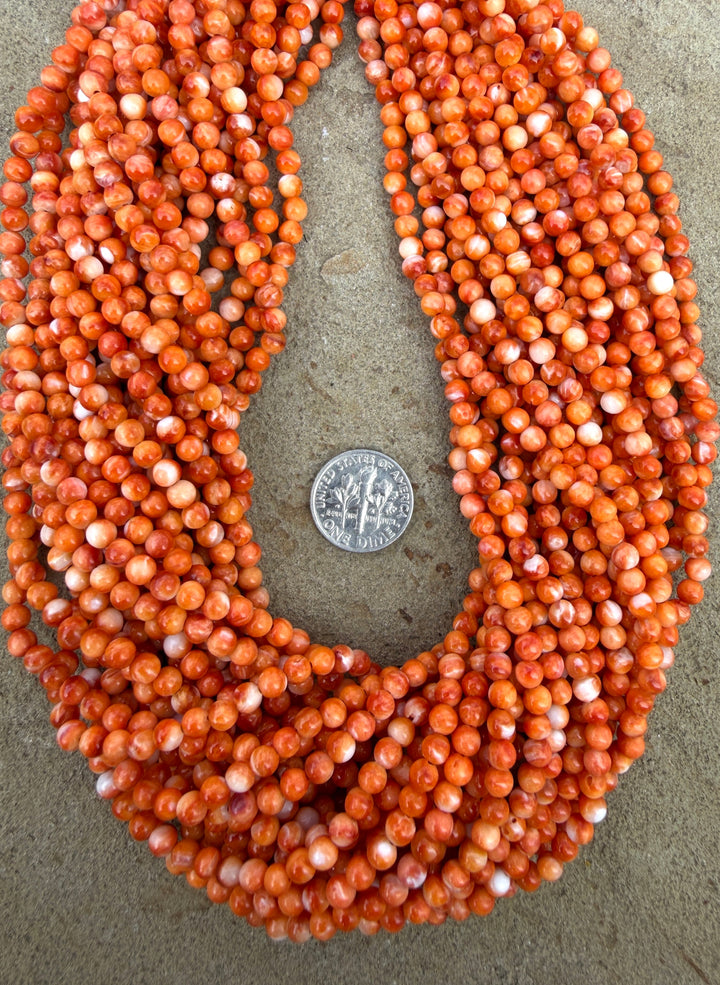 Orange Spiny Oyster 4mm Round Beads 16 Inch Strand - Spiny