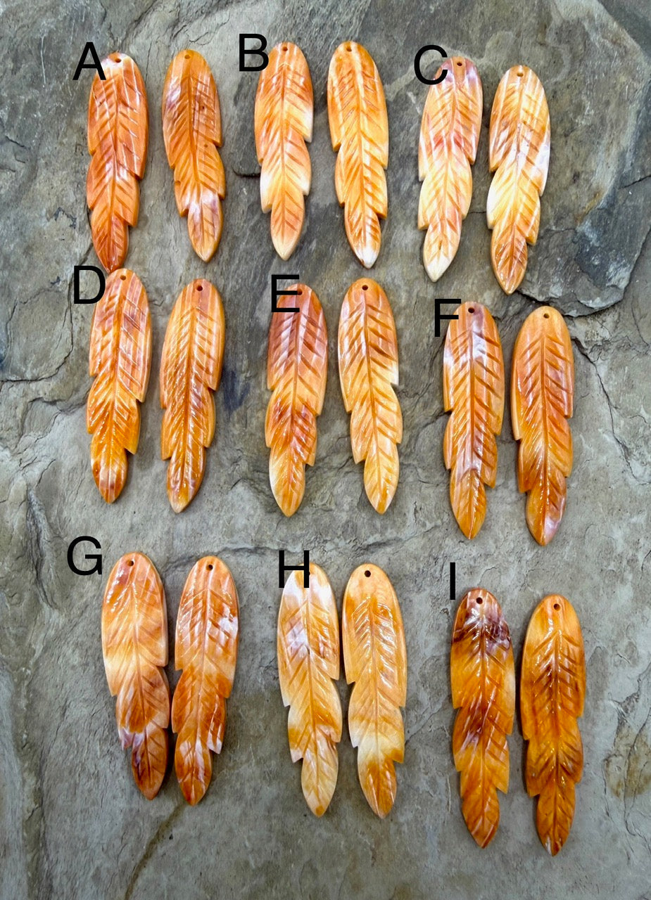 Orange Spiny Oyster Carved Feather Bead Pair 12x45mm