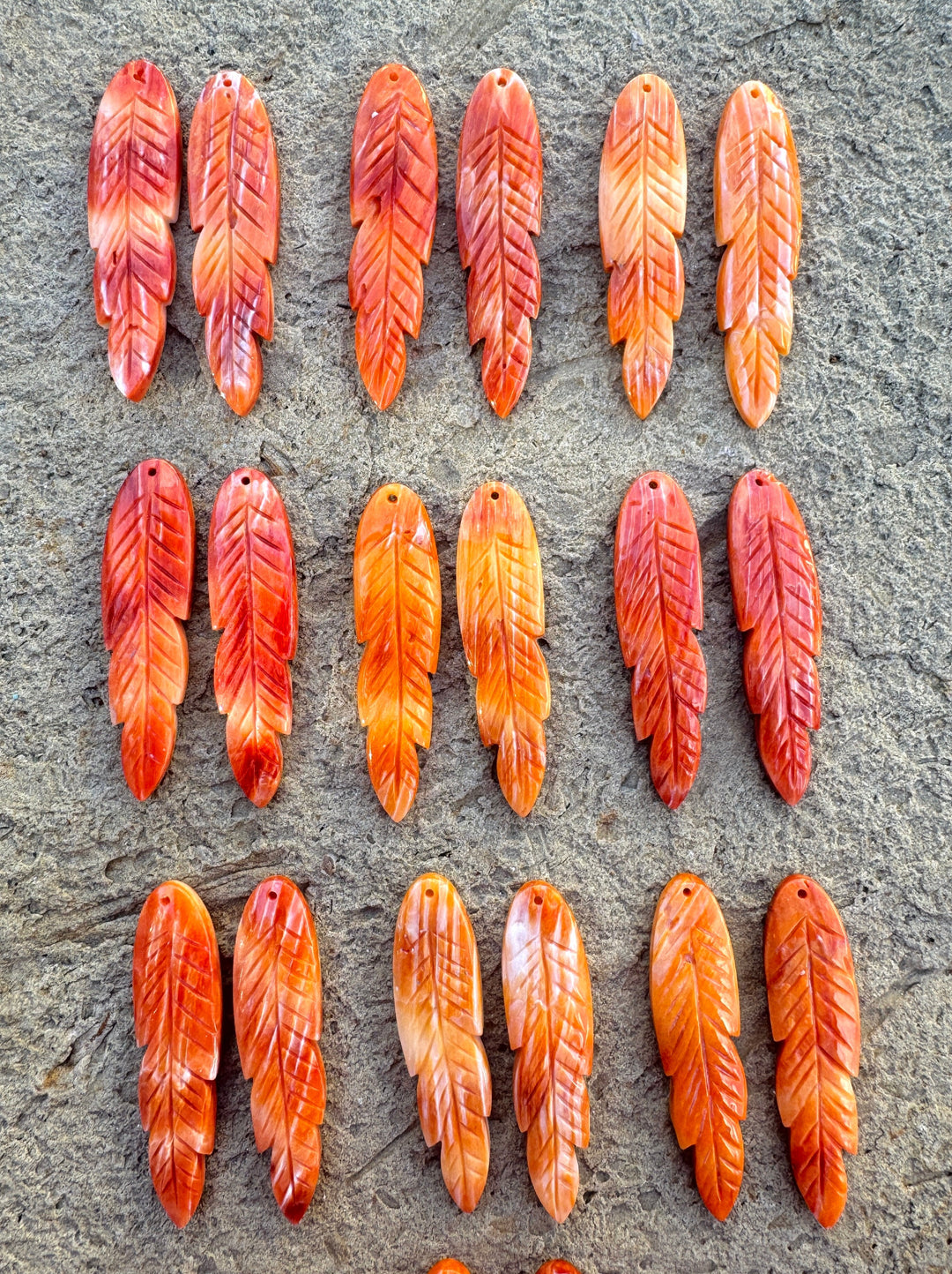 Orange Spiny Oyster Carved Feather Earring Bead Pair
