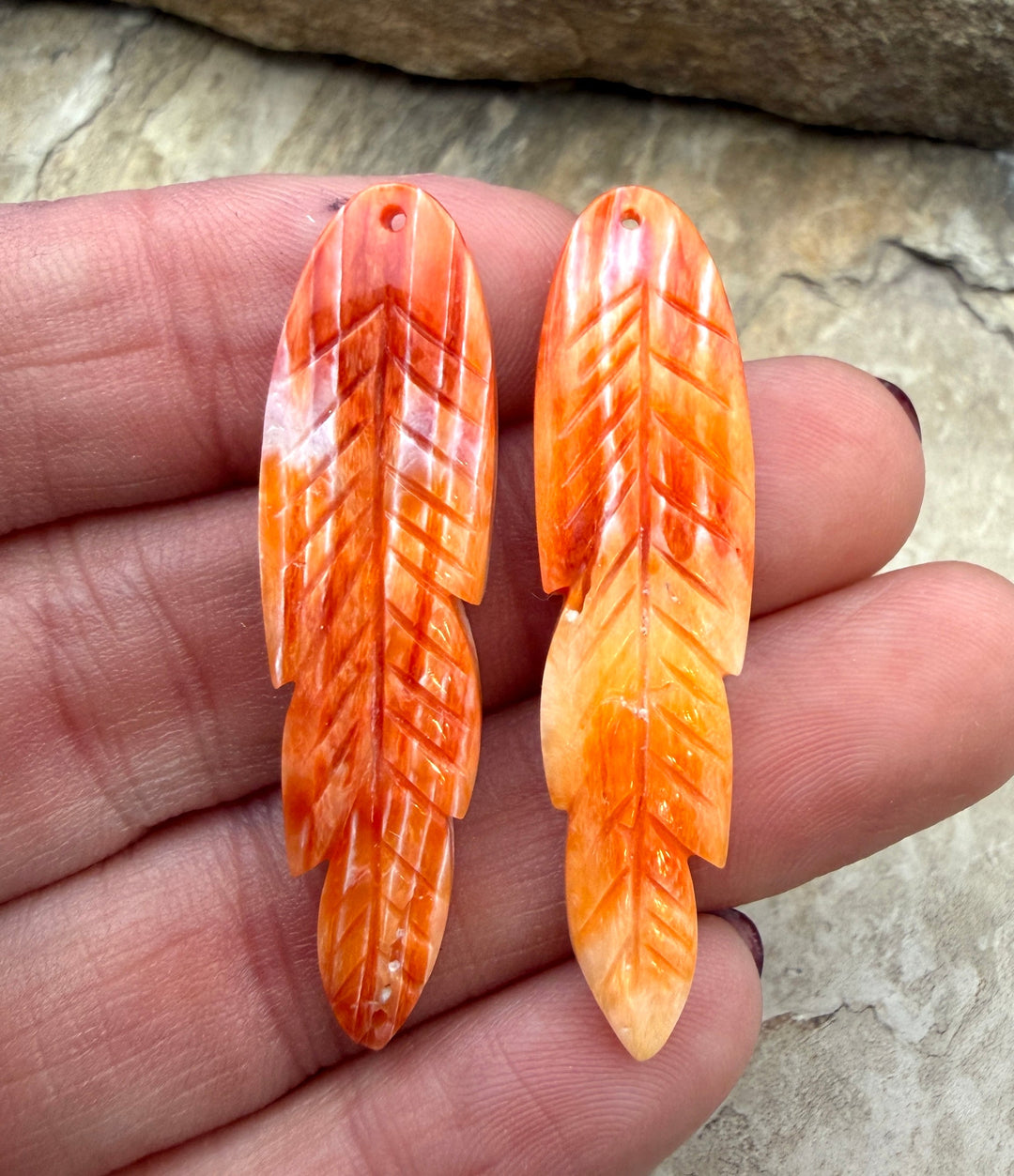 Orange Spiny Oyster Matching Feather Earring Bead Pair