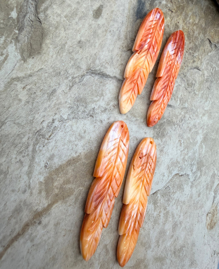 Orange Spiny Oyster Matching Feather Earring Bead Pair