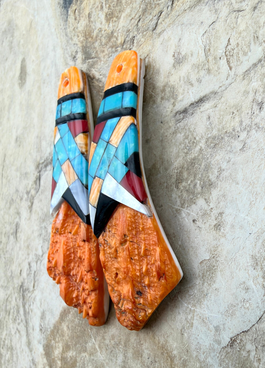 Orange Spiny Oyster with Hand Pieced Inlay Earring Slab